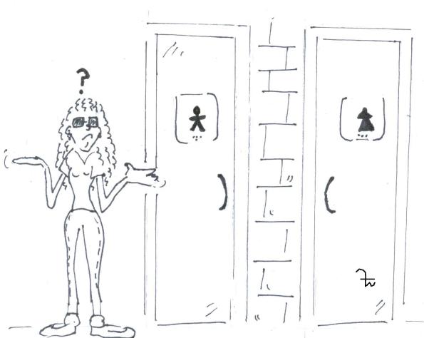 An ex-hasidic shiksa is confused by the figure wearing pants on the men's bathroom door